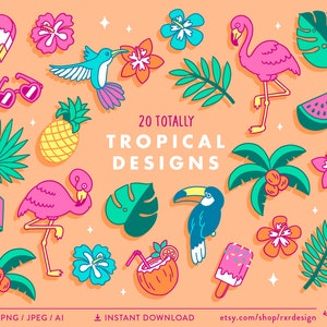 Tropical Clip Art, Hawaii Clipart, Flamingo Clipart, Tropical Flowers, Summer Clipart, Beach Clipart, Commercial Use, Instant Download