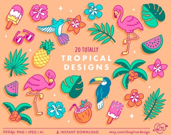 Tropical Clip Art, Hawaii Clipart, Flamingo Clipart, Tropical Flowers, Summer Clipart, Beach Clipart, Commercial Use, Instant Download