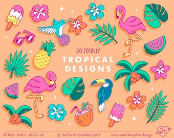 Tropical Clip Art, Hawaii Clipart, Flamingo Clipart, Tropical Flowers, Summer Clipart, Beach Clipart, Commercial Use, Instant Download