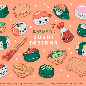 May include: 18 cute cartoon sushi designs in various styles, including nigiri, maki, and sashimi. The designs are in a variety of colours, including green, pink, red, and yellow. The designs are on a peach background with white rice-like dots.