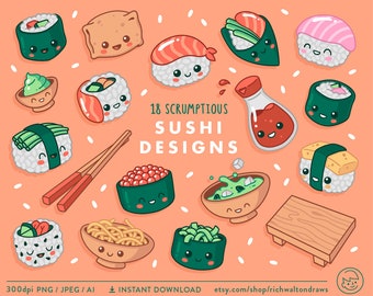 Sushi Clip Art, Kawaii Clipart, Leuke Clipart, Sushi Illustratie, Kawaii Illustratie, Vector Clipart, Commercieel Gebruik, Instant Download