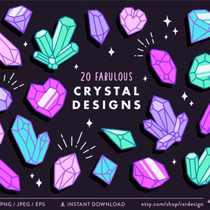 May include: A set of 20 colorful crystal designs in various shapes, including hearts, diamonds, and geometric forms. The designs are outlined in black and filled with vibrant colors like pink, purple, blue, and green. The text "20 Fabulous Crystal Designs" is displayed in the center of the image.