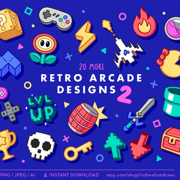 Retro Arcade Clip Art 2, More Retro Gaming Clipart, Video Game Clip Art, Computer Game Clipart, Vector Clipart, Instant Download