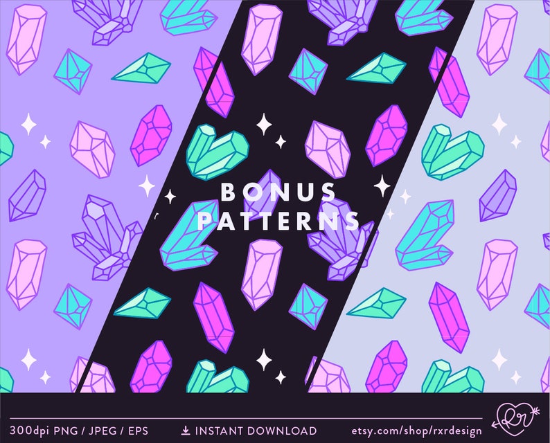 May include: Three seamless patterns featuring colorful crystal shapes on different backgrounds. The patterns are on a purple, black, and light purple background. The text "Bonus Patterns" is in the center of the image.