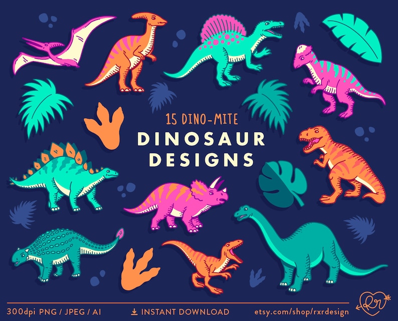 May include: A set of 15 colorful dinosaur illustrations, including a pterodactyl, stegosaurus, triceratops, and tyrannosaurus rex. The dinosaurs are drawn in a cartoon style with bright colors and bold outlines. The text "15 DINO-MITE DINOSAUR DESIGNS" is displayed in the center of the image.