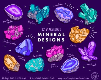 Mineral Clip Art, Crystal Clipart, Healing Crystals, Geode Clipart, Geometric Clipart, Gemstone Vectors, Commercial Use, Instant Download