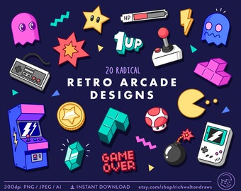 Retro Arcade Clip Art, Retro Gaming Clipart, Video Game Clip Art, Computer Game Clipart, Vector Clipart, Commercial Use, Instant Download