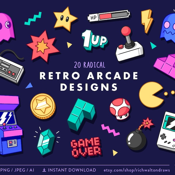 Retro Arcade Clip Art, Retro Gaming Clipart, Video Game Clip Art, Computer Game Clipart, Vector Clipart, Commercial Use, Instant Download