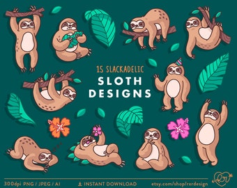 Sloth Clip Art, Jungle Clipart, Sleepy Clipart, Cartoon Sloths, Sloth Illustration, Jungle Illustration, Commercial Use, Instant Download