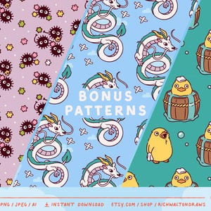 Op de afbeelding: Digitale patronen met cartoon draken, roet sprites en kuikens in vaten. De patronen zijn in tinten paars, blauw en teal. De tekst "BONUS PATTERNS" is zichtbaar. De afbeelding bevat ook de tekst "300DPI PNG / JPEG / AI INSTANT DOWNLOAD ETSY.COM / SHOP / RICHWALTONDRAWS".