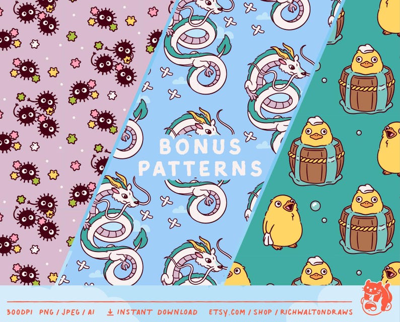 Op de afbeelding: Digitale patronen met cartoon draken, roet sprites en kuikens in vaten. De patronen zijn in tinten paars, blauw en teal. De tekst "BONUS PATTERNS" is zichtbaar. De afbeelding bevat ook de tekst "300DPI PNG / JPEG / AI INSTANT DOWNLOAD ETSY.COM / SHOP / RICHWALTONDRAWS".
