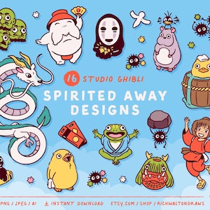 May include: A collection of 16 Studio Ghibli "Spirited Away" designs. The image features various cartoon characters and elements from the movie, including a dragon, No-Face, and other whimsical creatures, all set against a light blue background.