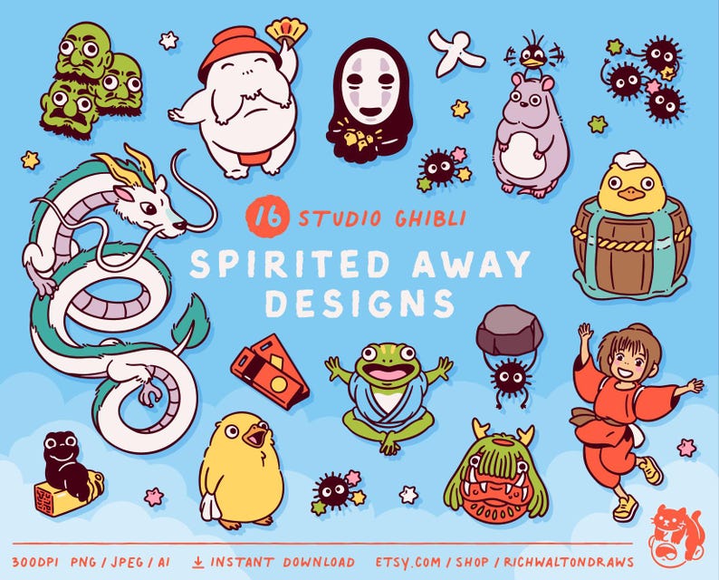 Op de afbeelding: Een verzameling van 16 Studio Ghibli "Spirited Away" ontwerpen. De afbeelding toont verschillende cartoonkarakters en elementen uit de film, waaronder een draak, No-Face en andere grillige wezens, allemaal tegen een lichtblauwe achtergrond.