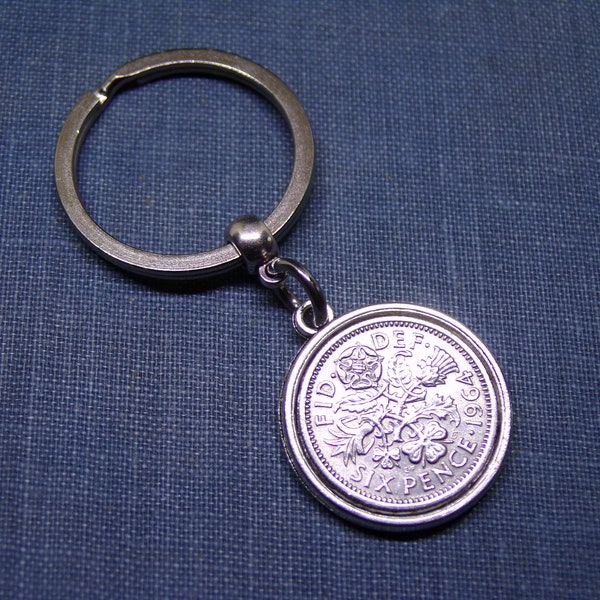 Double Sided 1964 Lucky Sixpence Coin Keyring 60th Birthday Gift Present N3
