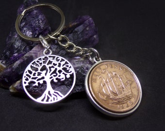 1962 Double Sided Half Penny Coin & Tree Of Life Charm Keyring - Nice 60th Birthday Gift Present - Birth Year Coin - UK Seller (SK01)