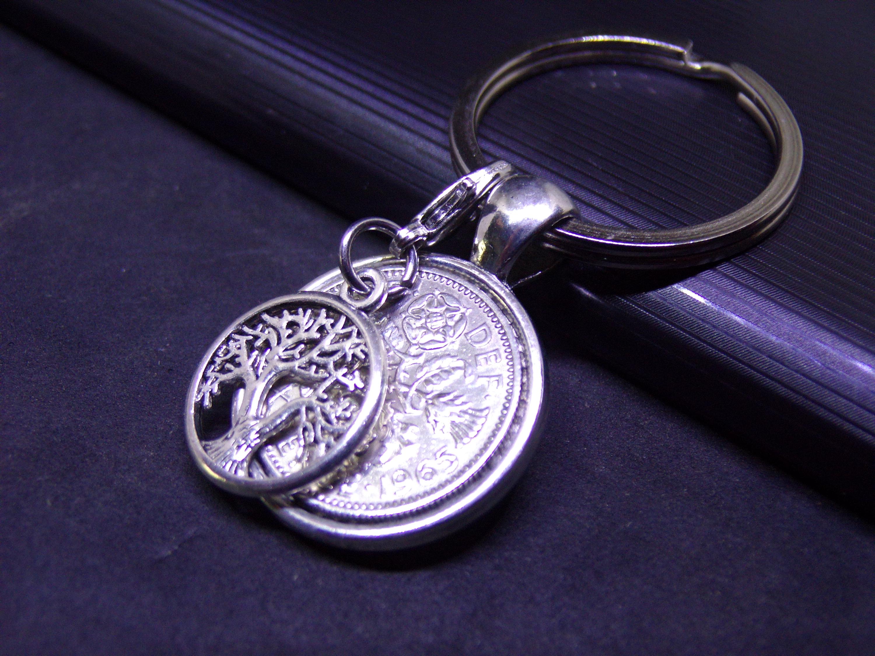 60th Birthday Keyring Gift Double Sided 1965 Lucky Sixpence