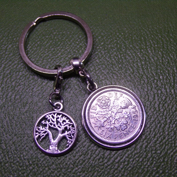 1954 Lucky Sixpence Coin Keyring & Tree Of Life Charm 70th Birthday Gift Present N1