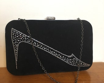 Black velvet evening bag with diamanti shoe  design on front
