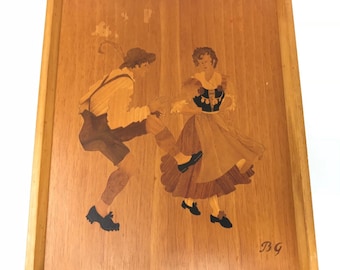 BG BUCHSCHMID & GRETAUX Dancing Couple Marquetry Wood Inlay Wall Art Vintage