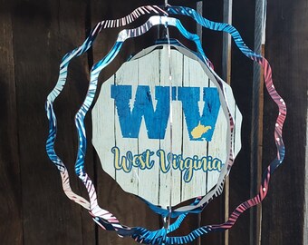 West Virginia State Wind Spinner, Patriotic Outdoor Decor, Americana Hanging Ornament, Metal Yard Art, Farmhouse Garden Gift, 4th of July