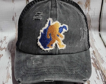 Sasquash West Virginia Bigfoot Baseball Cap Ponytail Hat Trucker Hat Embroidered, Distressed Black