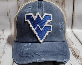 West Virginia Baseball Cap Ponytail Hat Trucker Hat Embroidered Washed Denim