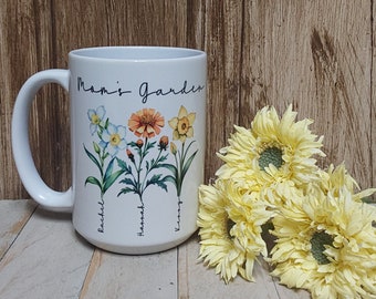 Personalized Garden Birth Month Flower Family Mug, 15oz , Gift For Her, Mom, Grandma, Nana, Mimi, One of a Kind, Custom Kids Name Cup