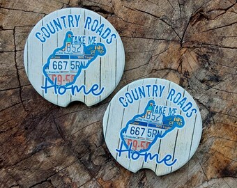 West Virginia Country Roads Home Car Coasters, Set of 2, Accessory, Cup Holder, Popular Gift, Sandstone, Neoprene, WV Handmade, Handcrafted