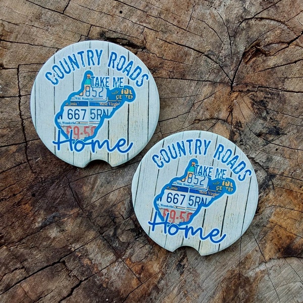 West Virginia Country Roads Home Car Coasters, Set of 2, Accessory, Cup Holder, Popular Gift, Sandstone, Neoprene, WV Handmade, Handcrafted