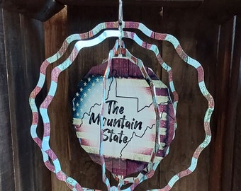 The Mountain State West Virginia Wind Spinner, Patriotic Outdoor Decor, Americana Hanging Ornament, Metal Yard Art, Farmhouse Garden Gift