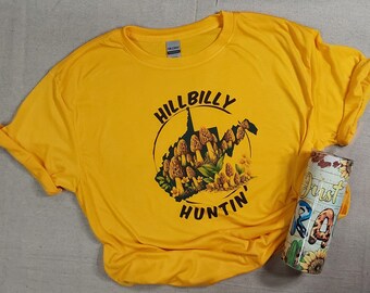 West Virginia Hillbilly Huntin' T-shirt,  Morel Mushroom Tee Shirt, Sublimated WV Gift, Handmade Apparel, Native Pride