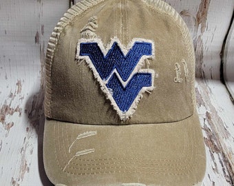 West Virginia Baseball Cap Ponytail Hat Trucker Hat Embroidered Distressed Khaki