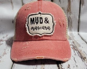 Mud & Mascara Ponytail Baseball Cap, WV, Unisex Baseball Cap, Distressed Hat, Vintage Baseball Cap,Weathered Watermelon, Embroidered