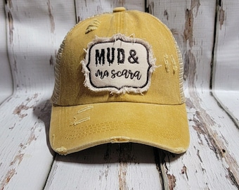 Mud & Mascara Ponytail Baseball Cap, WV, Unisex Baseball Cap, Distressed Hat, Vintage Baseball Cap, Weathered Old Gold, Embroidered