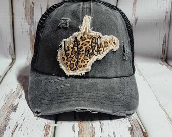 West Virginia Y'all Baseball Cap Ponytail Hat Trucker Hat Embroidered Black Distressed Leopard Print