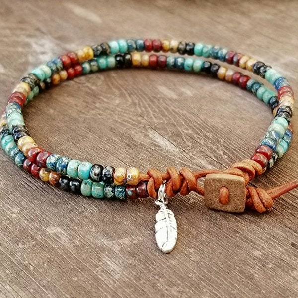 Beaded Leather Wrap Anklet Ankle Bracelet Seed Bead Leather Wrap Ankle Bracelet Bohemain Jewelry Unisex Jewelry Picasso Seed Beads Turquoise