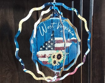 West Virginia State Sunflower Wind Spinner, Patriotic Outdoor Decor, Americana Hanging Ornament, Metal Yard Art, WV Handmade, Garden Gift