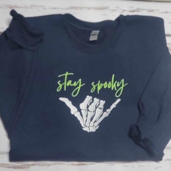 Stay Spooky Sweatshirt, Embroidered Halloween Crewneck, Skelton Hand, Fall