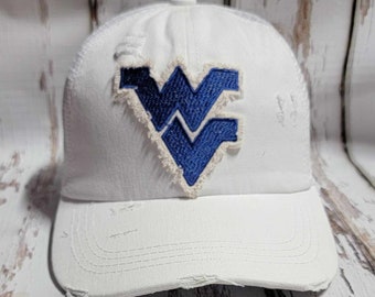 West Virginia Baseball Cap Ponytail Hat Trucker Hat Embroidered Distressed White