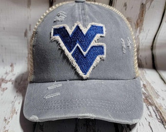 West Virginia Baseball Cap Ponytail Hat Trucker Hat Embroidered Distressed Pewter