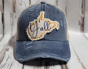 West Virginia Y'all Baseball Cap Ponytail Hat Trucker Hat Embroidered Washed Denim