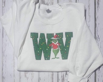 West Virginia Mr. Grinch Sweatshirt, Christmas Embroidered Crewneck, West Virginia Sweatshirt,  Embroidered Applique Sweatshirt, Medium