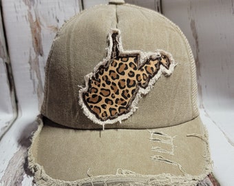 West Virginia Baseball Cap, WV Pride, Unisex Baseball Cap, Distressed Hat, Vintage Baseball Cap, Weathered Hat Embroidered, Leopard Print