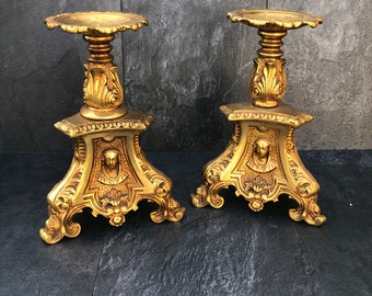 A Pair of Two Gilded Candlesticks in Baroque Style / Antique Candlesticks / Gilded Candle Holders / Beginning of the 20th Century / 38cm