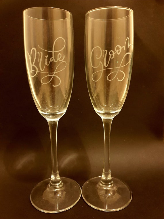 Hand Engraved Bride And Groom Champagne Glasses Etsy