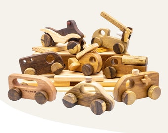 Set of 8 wooden toy cars, Montessori Toys for Children, Push car on wheels for toddler