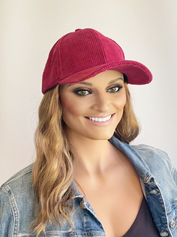 Raspberry Corduroy Baseball Cap With Long Wavy Hair Attached | Hat