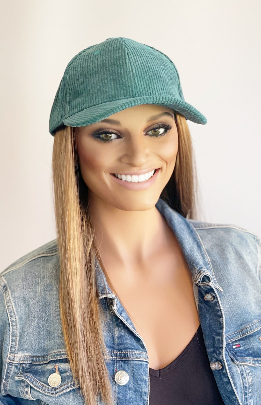 Teal Green Corduroy Baseball Cap With Long Hair Attached Hat With Hair