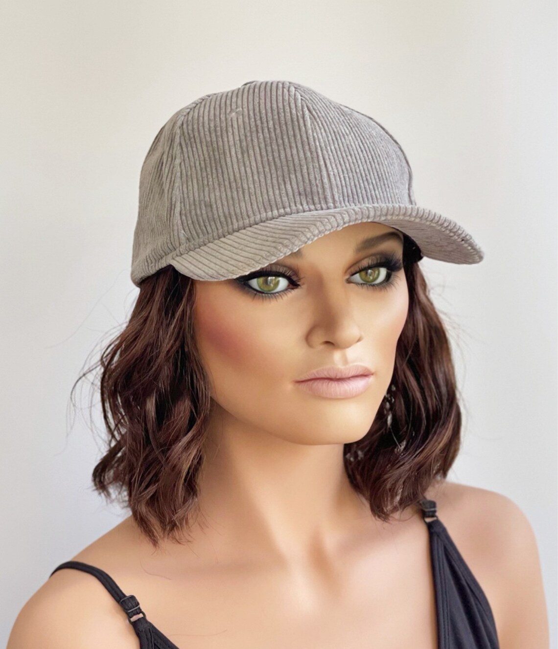Grey Corduroy Baseball Cap With Short Wavy Hair Attached Hat Etsy