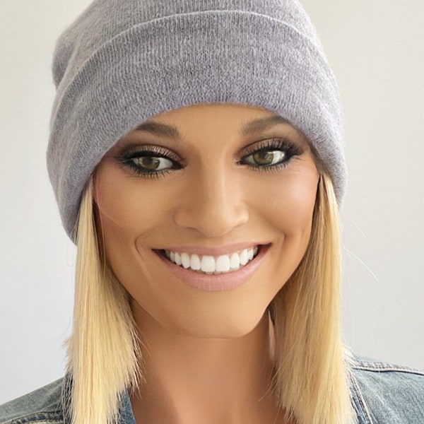 Winter beanie with soft short bob hair attached| hat with hair attached| hat wig| cap with hair| hat hair|wig hat|wig hair
